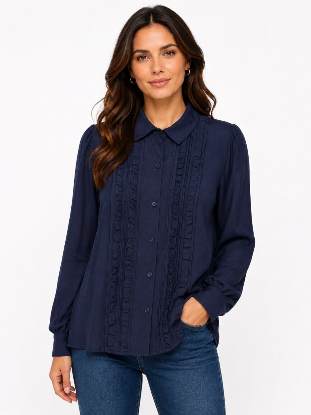 d&co Heritage Navy Ruffle Front Button Blouse Medium